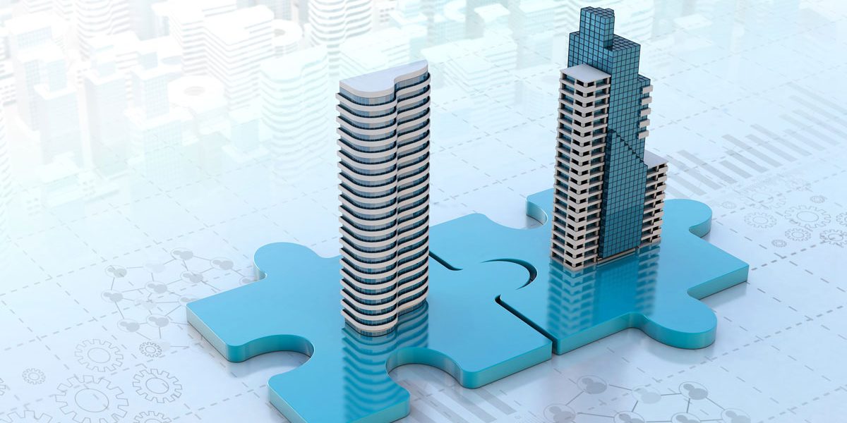 Two buildings being connected by blue puzzle pieces Two buildings being connected by blue puzzle pieces
