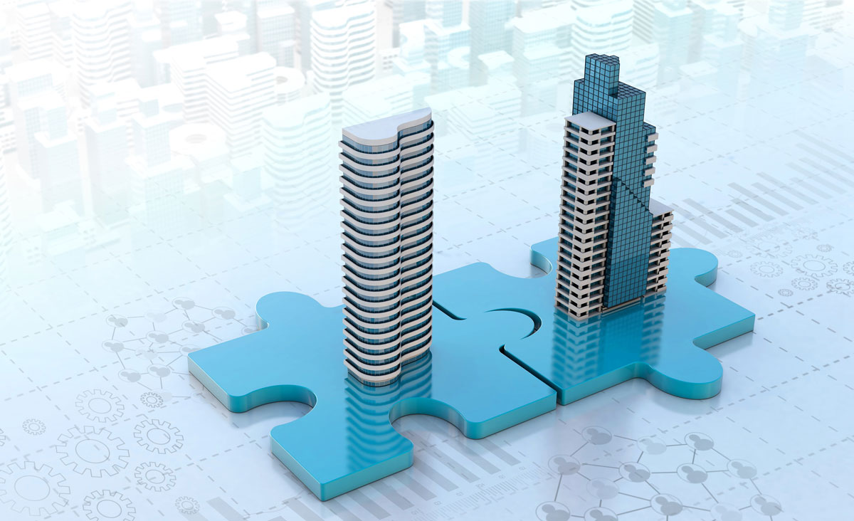 Two buildings being connected by blue puzzle pieces Two buildings being connected by blue puzzle pieces