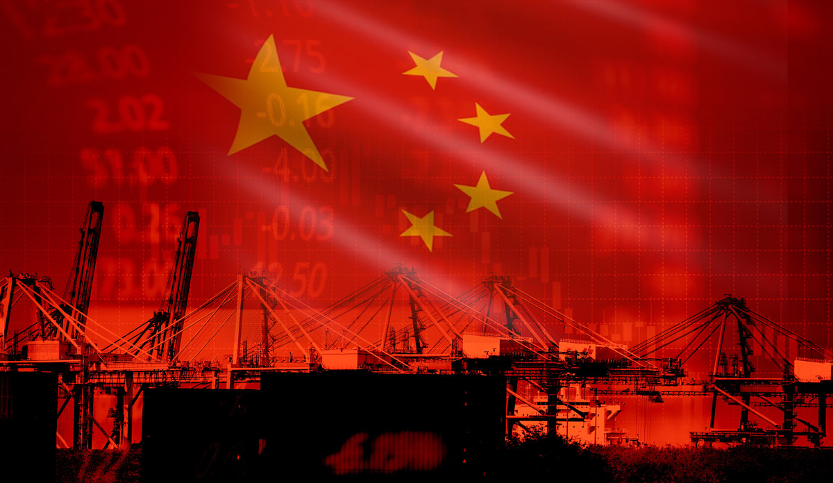 Chinese Flag with stock market numbers and boats Chinese Flag with stock market numbers and boats